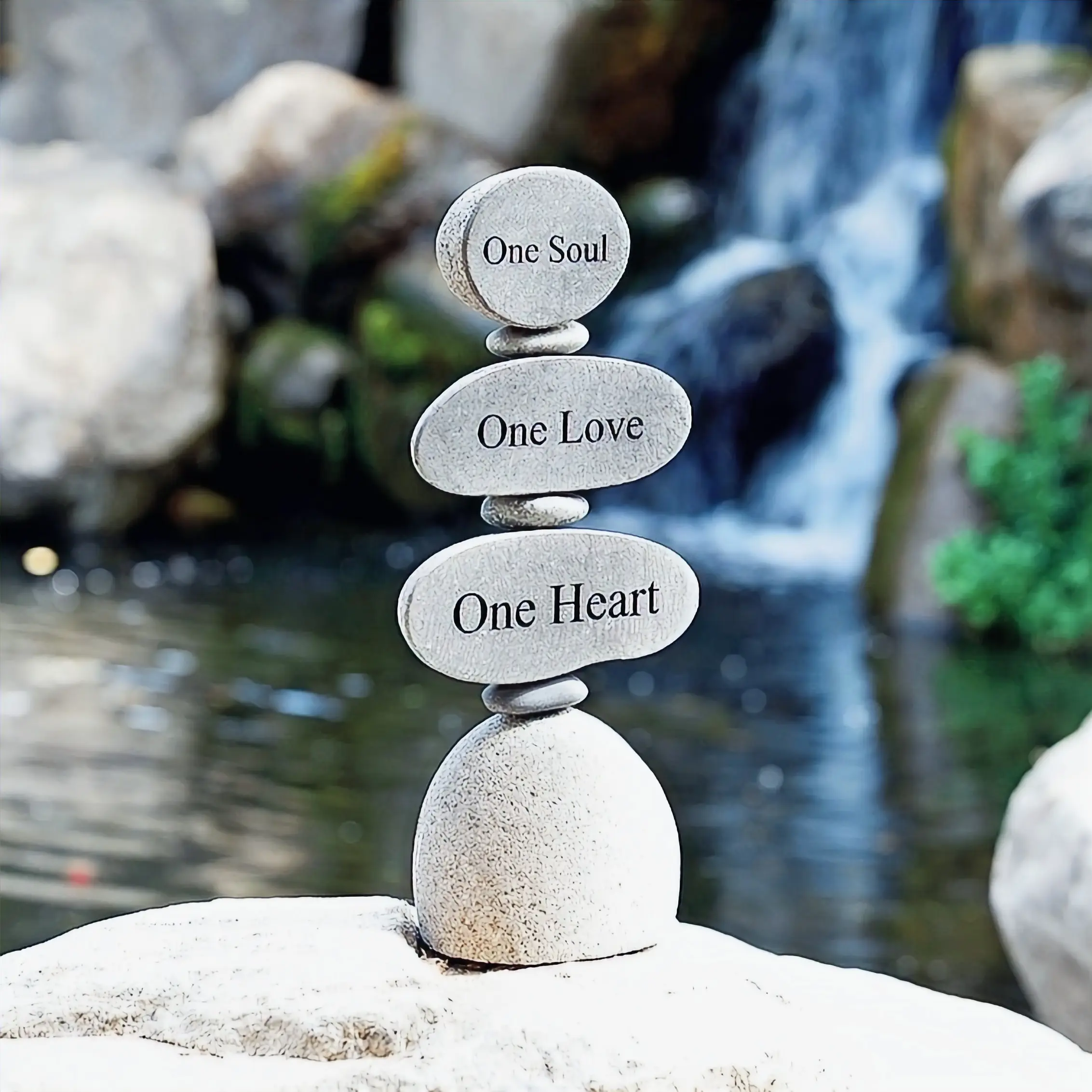 One Soul One Love One Heart Engraved Rock Cairn Sculpture