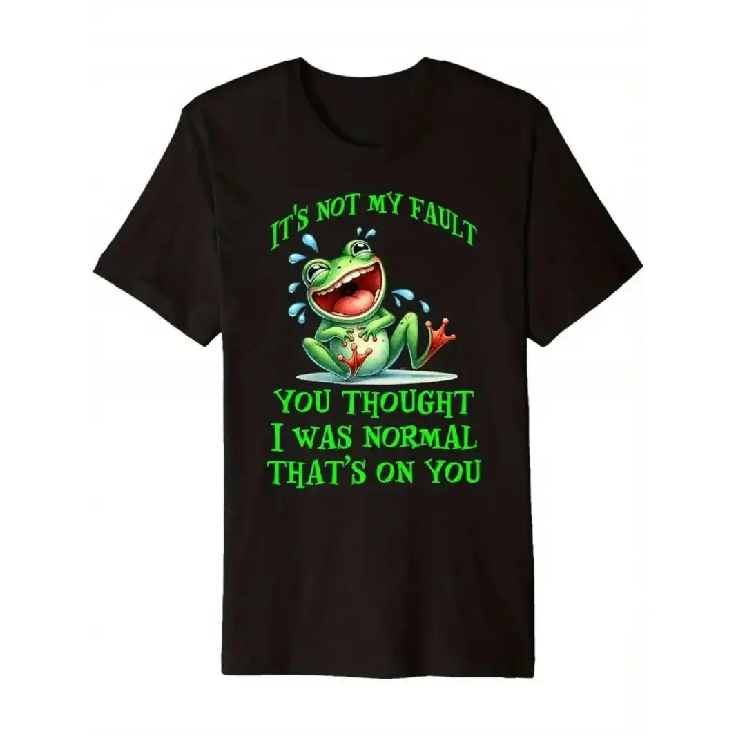 Funny Frog T‑Shirt for Men & Women - "It's Not My Fault You Thought I Was Normal" Slogan with Smiling Green Frog & Poison Dart Design, Crewneck Retro Graphic Tee, Casual Regular Fit Black Shirt with Vibrant Green Print S‑5XL