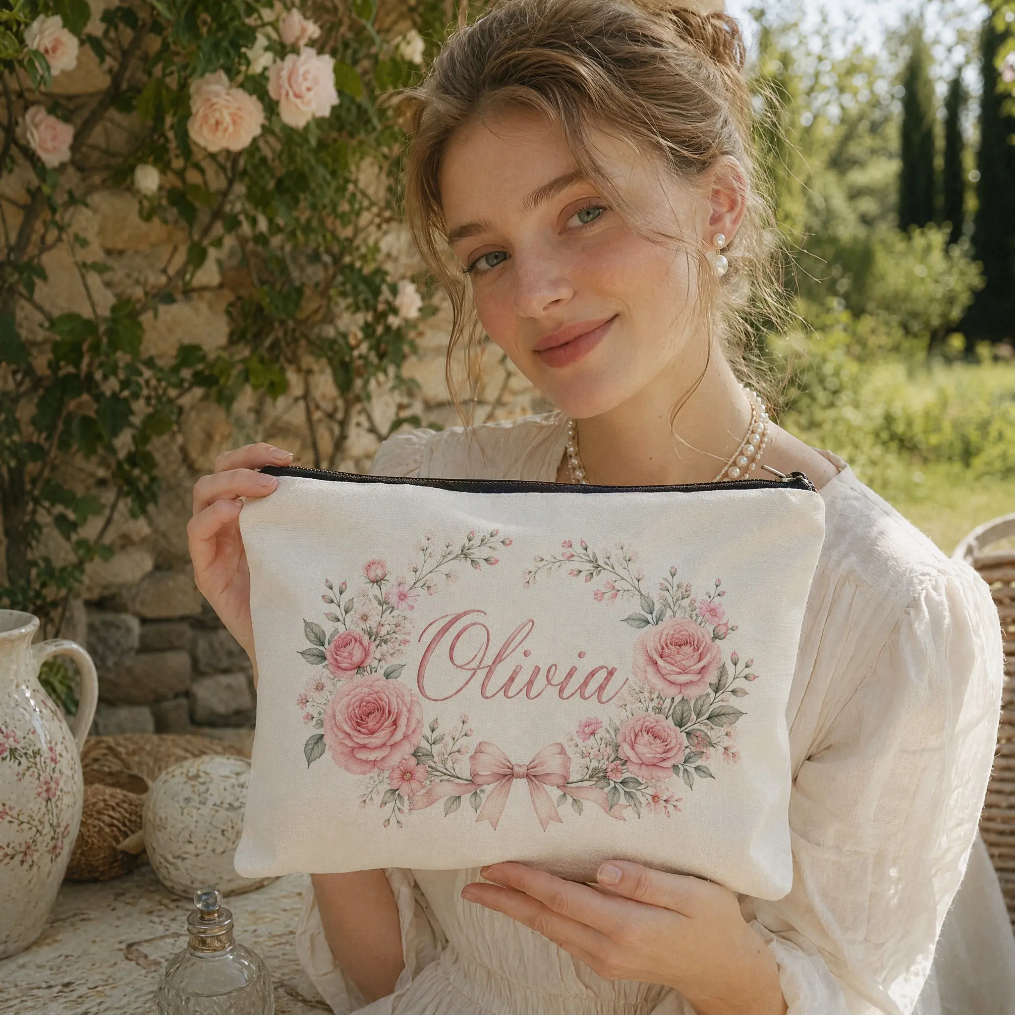 Women's Personalized Floral Print Canvas Makeup Bag - Custom Name Script Font Pouch, Holiday Gift for Best Friends, Travel Toiletry Bag