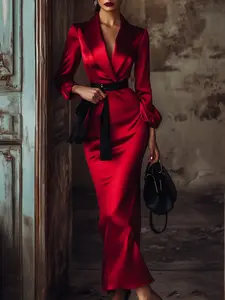 Elegant Long Sleeve Party Dress for Women, Woven Fitted Autumn Winter Evening Gown, Stylish Ladies' Formal Wear, Perfect for Parties & Events