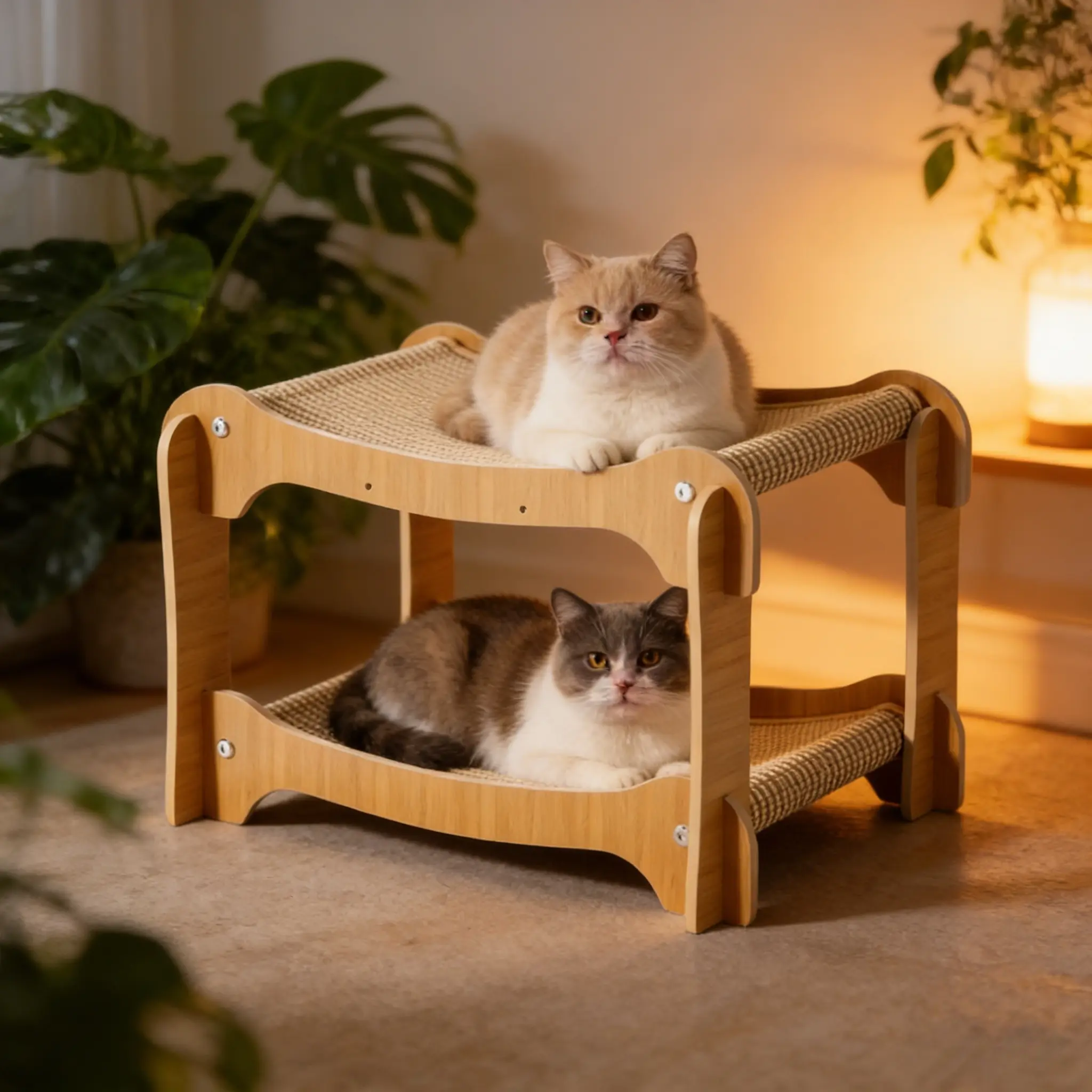 2 Tier Wooden Cat Hammock Bed Sisal Cat Scratcher Elevated Cat Lounge Breathable Cat House for Indoor Cats