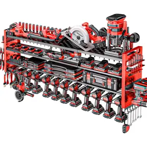 49.8" W Large Power Tool Organizer Wall Mount, Heavy Duty Tool Organizer with 14 cordless Drill Holder, 4 Layers Garage Organization and Storage Rack, Tool Rack for Garage Workshop, Red