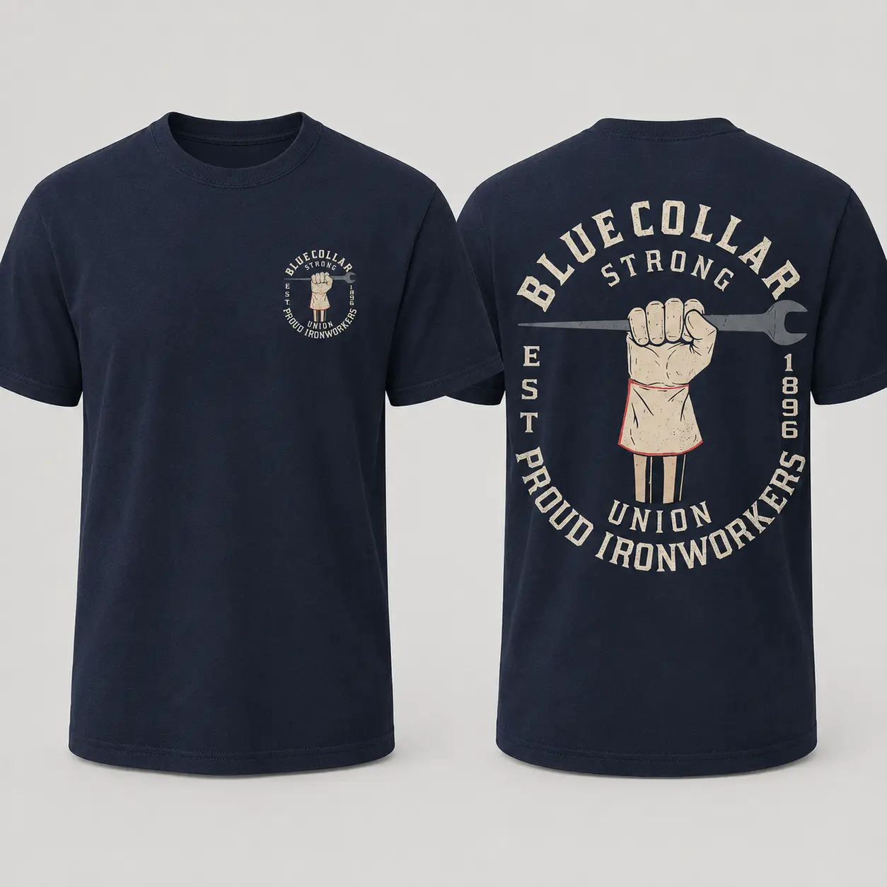 Blue Collar Strong Ironworkers T-Shirt, Union Worker Graphic Tee, Proud Tradesman Workwear Shirt, Vintage Wrench Back Print, Gift for Men