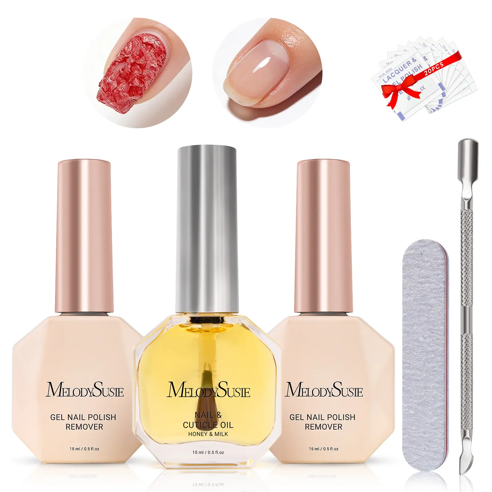 MelodySusie Cuticle Oil, No Need to Wrap and Soak, Remove Gel Polish in 2-5 Minutes at Home No Damage to Nails with Cuticle Pusher Tool Nail File Wipes MelodySusie Cuticle Oil, No Need to Wrap and Soak, Remove Gel Polish in 2-5 Minutes at Home No Damage to Nails with Cuticle Pusher Tool Nail File Wipes