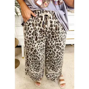 Khaki Exposed Seam Patched Pocket Plus Size Leopard Wide Leg Pants