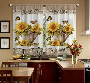 HarleyLand 2D Flat, 2pcs Set, Rustic Sunflower & Butterfly Kitchen Curtains,Suitable for All Seasons, Can Be Used in Farmhouses, Kitchens, Offices, Studies