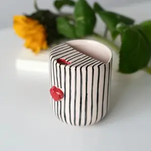 Heart Travel Ceramic Tumbler, Minimalist To-go Cup, Hand Thrown Pottery Mug, Rustic Sip Mug, Lemonade Cup For Library, Vintage Striped Mug