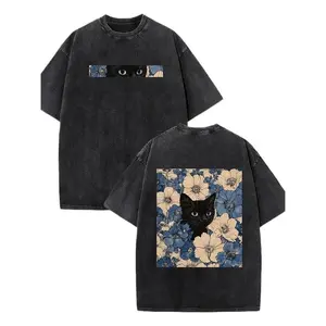 Black Cat Floral Pattern Fun Print Vintage Washed Pure Cotton T-shirt Style American Street Style Suitable for Both Men and Women To Wear Clothes Men