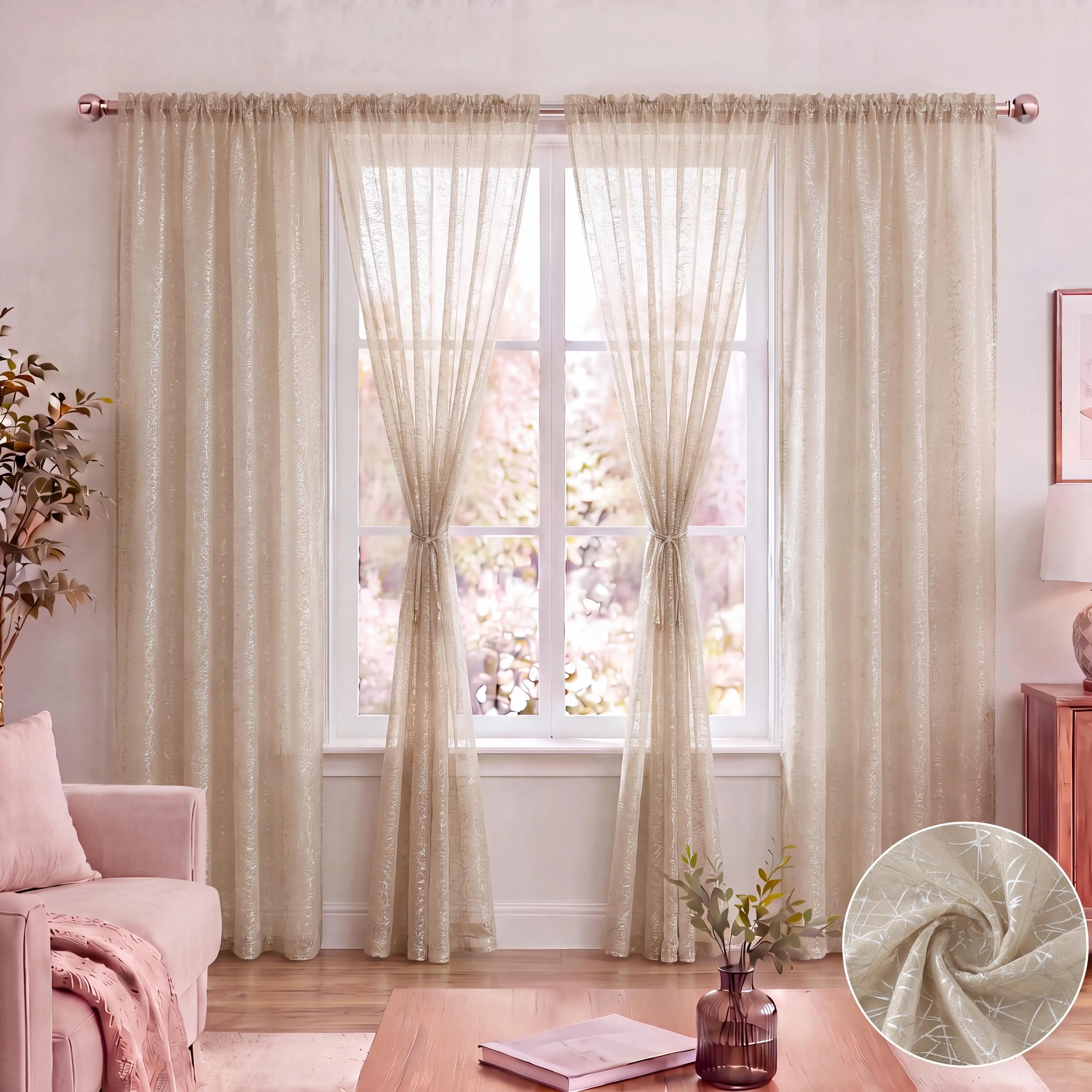 4-Panel Silver Metallic Sheer Chiffon Rod Pocket Curtains, 52"X84" Stretch Anti-Shrink Breathable Flat Weave Modern Exquisite Stripe Pattern Drapes, Hand Wash Only, Indoor Home Bedroom & Kitchen Decor, Transparent, FT5001, Bedroom Decor