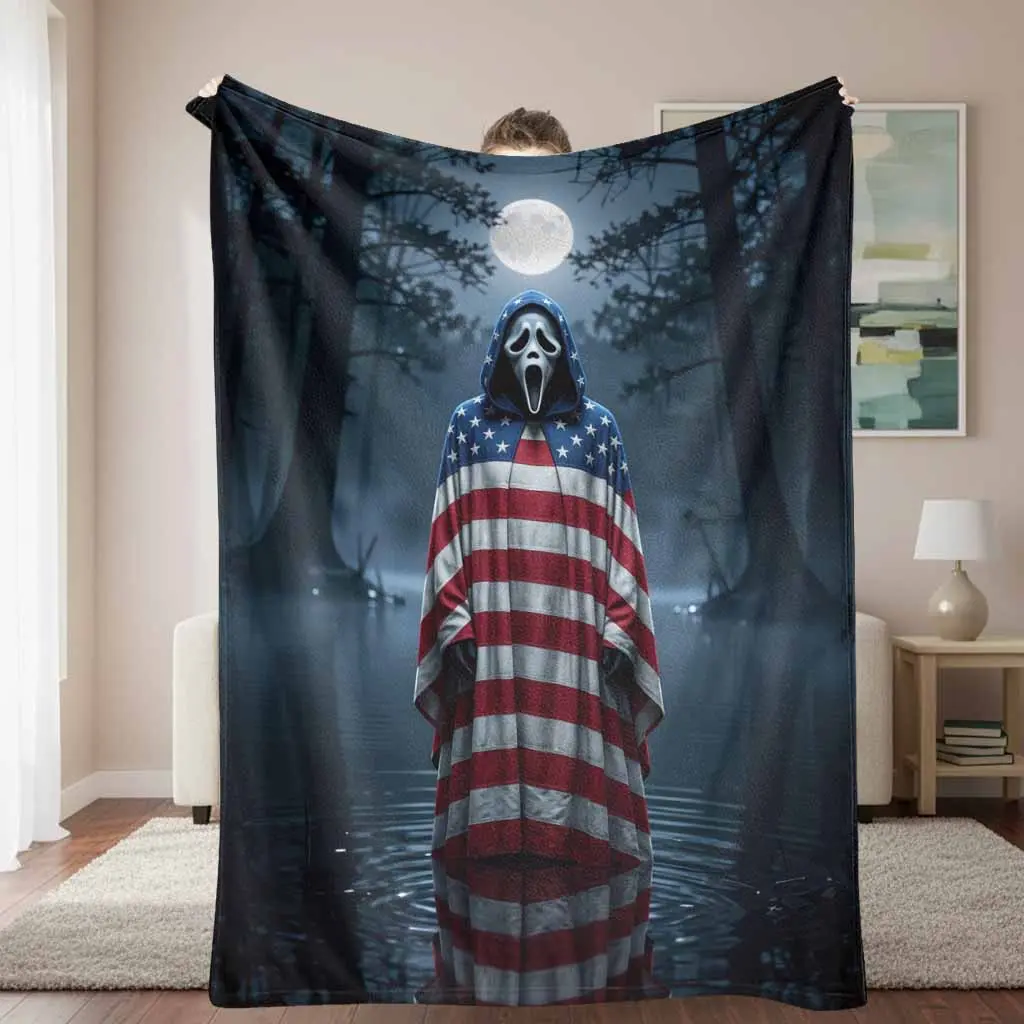 Patriotic Skull American Flag Star-Stripe Flannel Blanket, Flannel Fabric Lightweight Weave Multi-Size Throw, Super Soft Breathable Cozy Warm for Independence Day Couch Living Room Gift