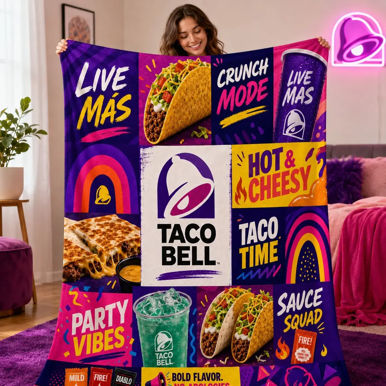 1pc Taco Bell Themed Soft Fleece Blanket - Full-Print Tacos, Drinks, Brand Elements, Energetic American Street Style - Multi-Use Throw for Sofa, Camping - Ideal Christmas Gift, Any Room