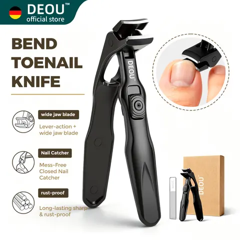 DEOU Long Handle Heavy-Duty Toe Nail Clipper for Thick Nails, Curved Stainless Steel Trimmer with Built-In Catch Tray, Smooth Low Effort Manicure Tool for Elderly Arthritis Nail Care Routine