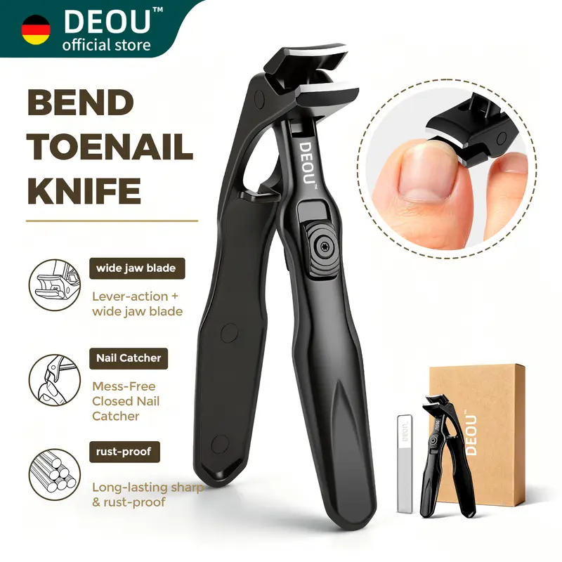 DEOU Long Handle Heavy-Duty Toe Nail Clipper for Thick Nails, Curved Stainless Steel Trimmer with Built-In Catch Tray, Smooth Low Effort Manicure Tool for Elderly Arthritis Nail Care Routine