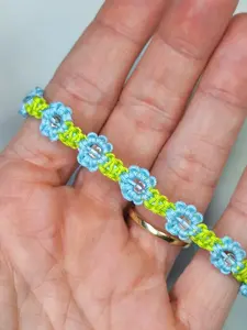 Handmade Macrame Bracelet - Blue & Lime Green Flowers with Gold Leaf & Flower Charms
