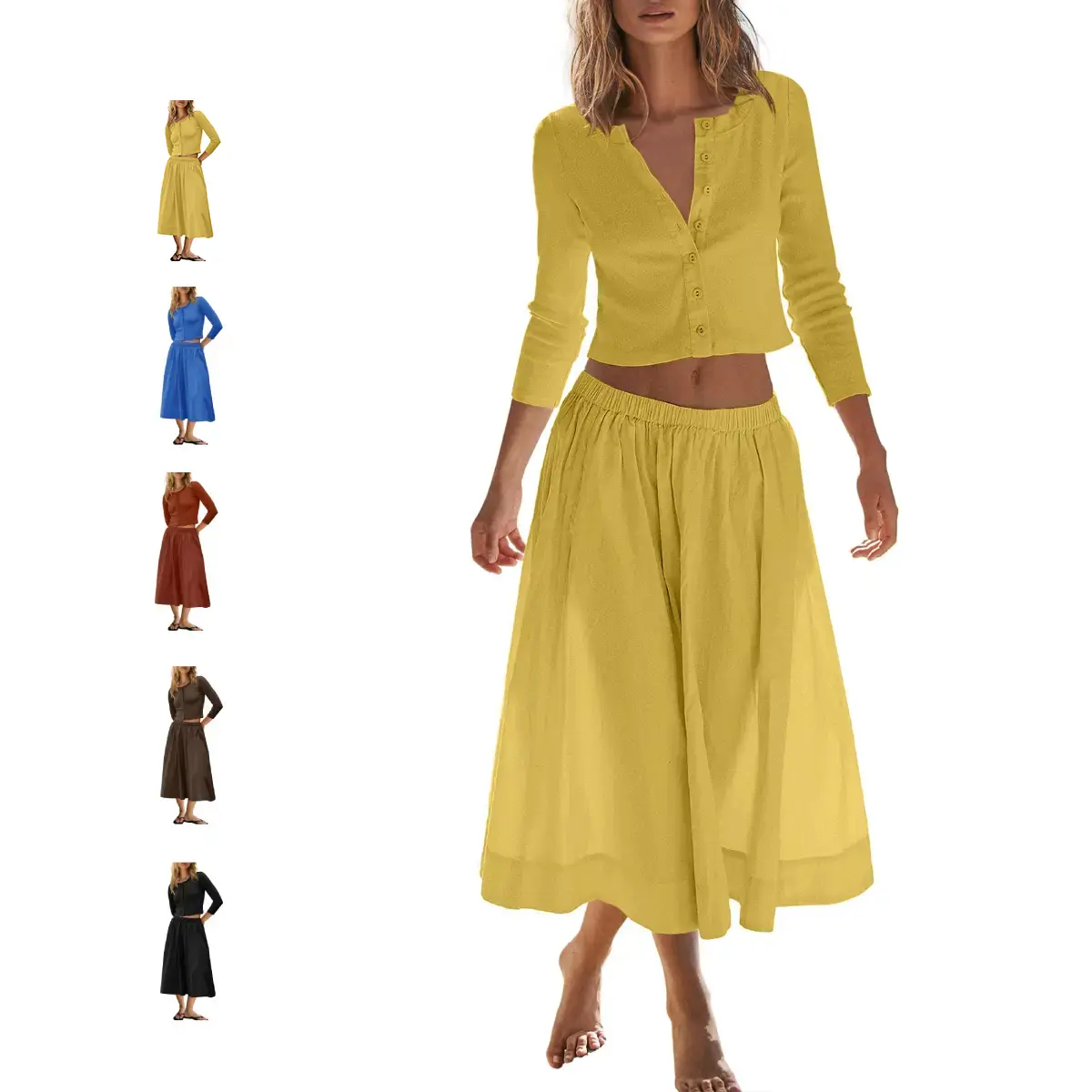 Mundoven Women's 2-Piece Cowl Minimalist Plain Cotton Blend Skirt Set with Pockets, Fitted Basic Outfit - 3/4 Sleeve Ribbed Knit Cardigan, Elastic Waist Midi Skirt, Machine Wash Casual Suit, Casual Chic