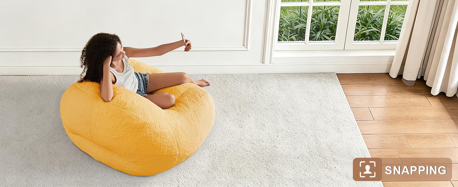NABUMI 4FT Large Bean Bag Chair for Adults - Big Boneless Floor Chair with Foam Filling, Ergonomic Memory Foam Sofa, Oversized Bean Bag Sofa for Reading and Gaming in Bedroom, Living Room, Dorm, Yellow, Pink, White, Gray