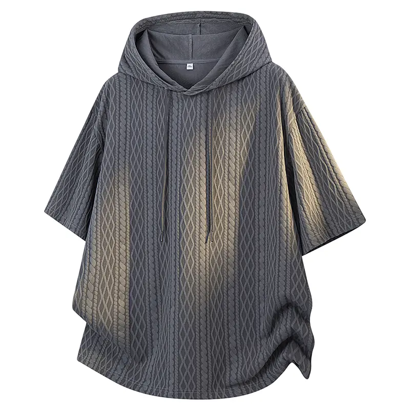 Men's Casual Hooded T-Shirt, Plain Slim-Fitting Shortsleeve Top with 3D Embossed Diamond Jacquard Texture, Lightweight for Daily Wear, Menswear, Cold Wash, Polyester, 3D Embossing, Fashion, Stylish, Fabric, Breathable, Fashion Apparel, Japanese, H Type, S
