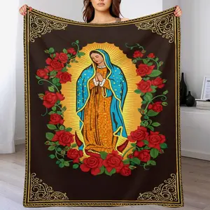 Soft Virgin Mary Blanket with Rose,   Virgen de Guadalupe Blanket, Inspirational Religious Gifts for Women Men Christian Catholic Faith Prayer Soft Cozy Flannel Throw Blankets for Bed Couch ,Gifts for Women  Man