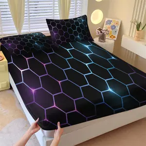✨3Pcs Glowing Purple Blue Hexagon Fitted Sheet Set, Neon Geometric Bedding Set with Pillowcases, Deep Pocket Bed Sheet Set for Boys Teens Gaming Bedroom, Soft Bedspread, All Season, No Fillers
