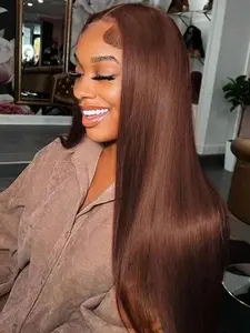 4x4 HD Lace Closure Wig Pre Cut Lace Glueless Human Hair Wig Chocolate Brown Straight 180 Density Suit Any Occasion Wearable Easy Installation Christmas Sale