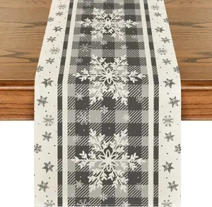 Mode Grey Buffalo Plaid Snowflakes Christmas Table Runner, Seasonal Winter Kitchen Dining Table Decoration for Home Party Decor 13x72 Inch
