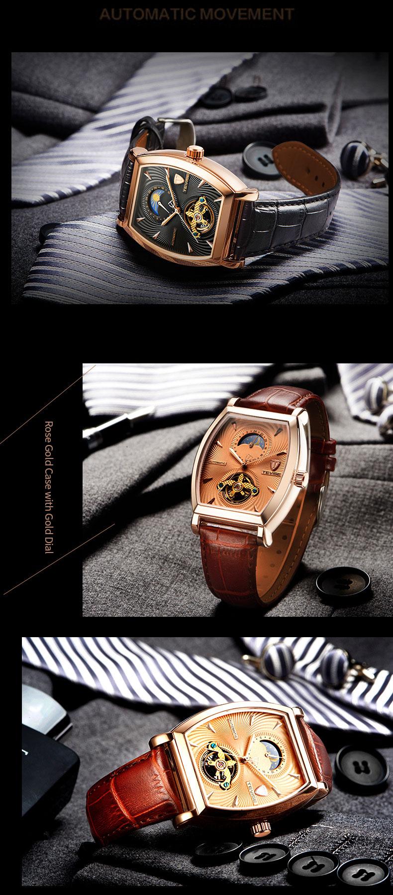 Luxury Men's Mechanical Watch, Tonneau Case, Moon Phase Dial, Genuine Leather Business Watch