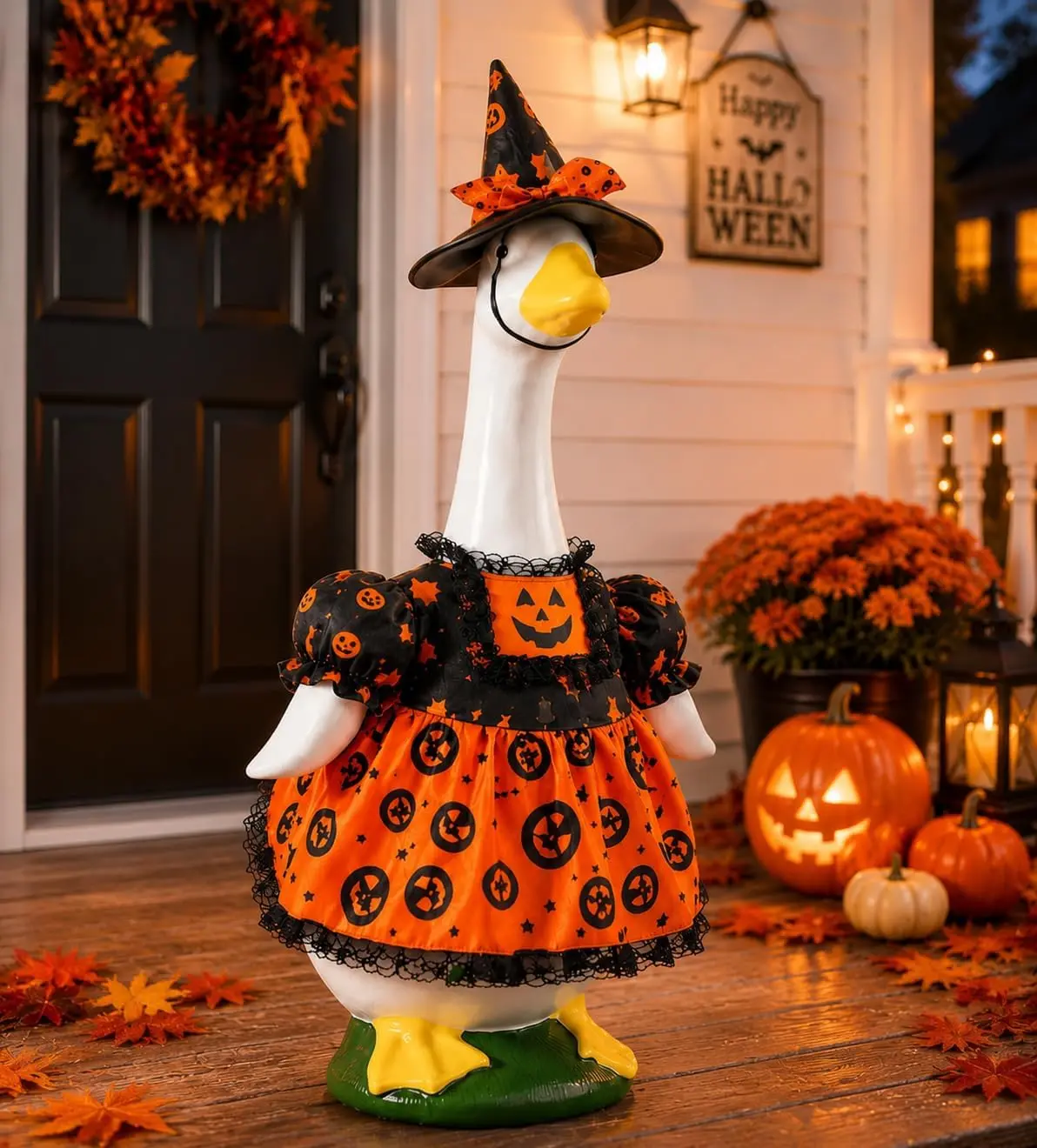 Halloween Witch Porch Goose Outfit Pumpkin Set for 23" Lawn Statue | Pumpkin Pattern Dress with Delicate Lace Trim & Matching Witch Hat, Outdoor Fall Decor for Yard Patio 23" Goose Statue