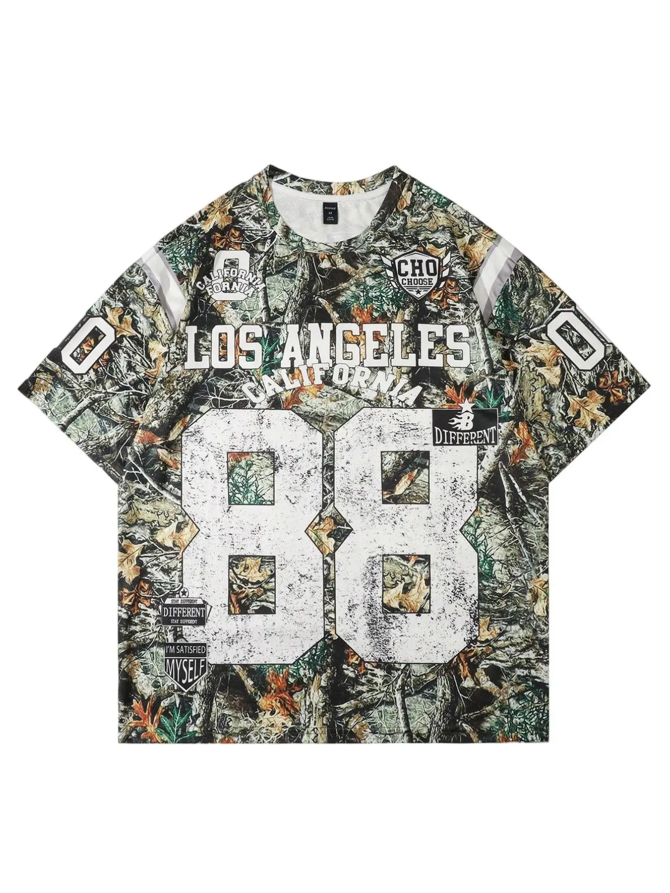 Men's American Street Style Camo Rugby Jersey, Tree Pattern Camouflage Base, Los Angeles 88 Number Print, Stripes, Sports Top, Outdoor Streetwear