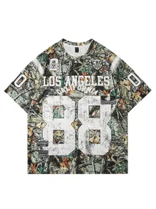 Men's American Street Style Camo Rugby Jersey, Tree Pattern Camouflage Base, Los Angeles 88 Number Print, Stripes, Sports Top, Outdoor Streetwear