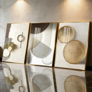 3 Count Aluminum Alloy Frame Canvas， Abstract Geometric Gold Wall Art， Modern Living Room Decoration， Light Luxury Family Art， Suitable For Bedroom， Corridor And Office Wall Decor， Gift