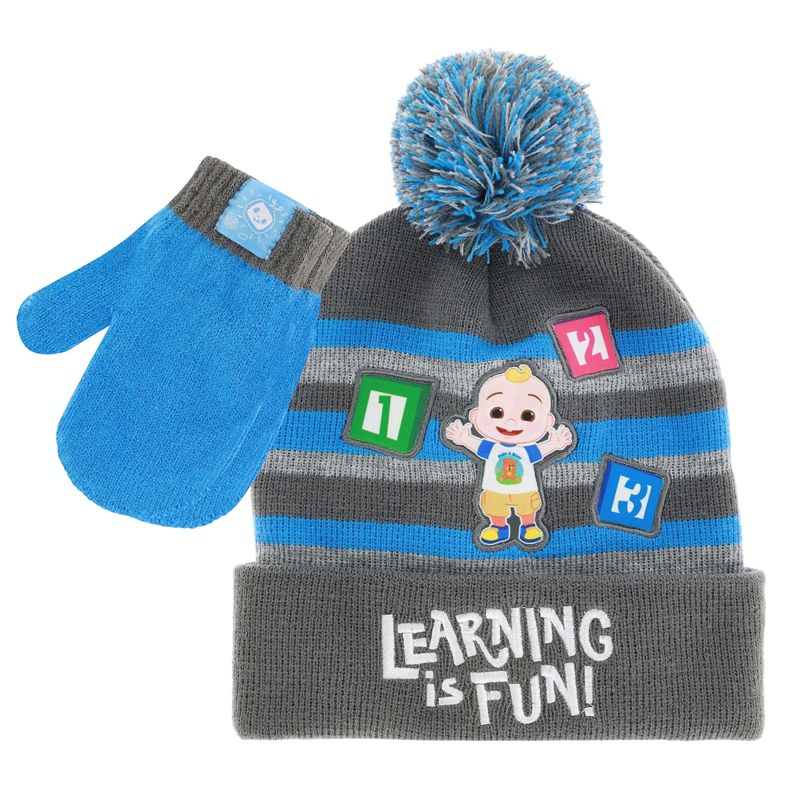 CoComelon Toddler Winter Hat and Snow Gloves for Toddler Set with Cute Mittens and Soft Beanie Adorable Outdoor Wear, Birthday, School, Casual, Plush, Vibrant, 2-5T, Washable