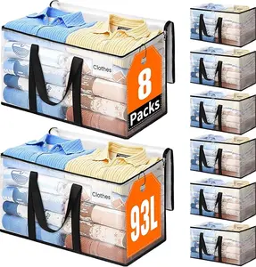 8 Pack Extra Large Heavy Duty Moving Bags 93L, Clear Storage Totes with Strong Zippers & Reinforced Handles for Clothes, Bedding, Travel, Dorm & Home Organization