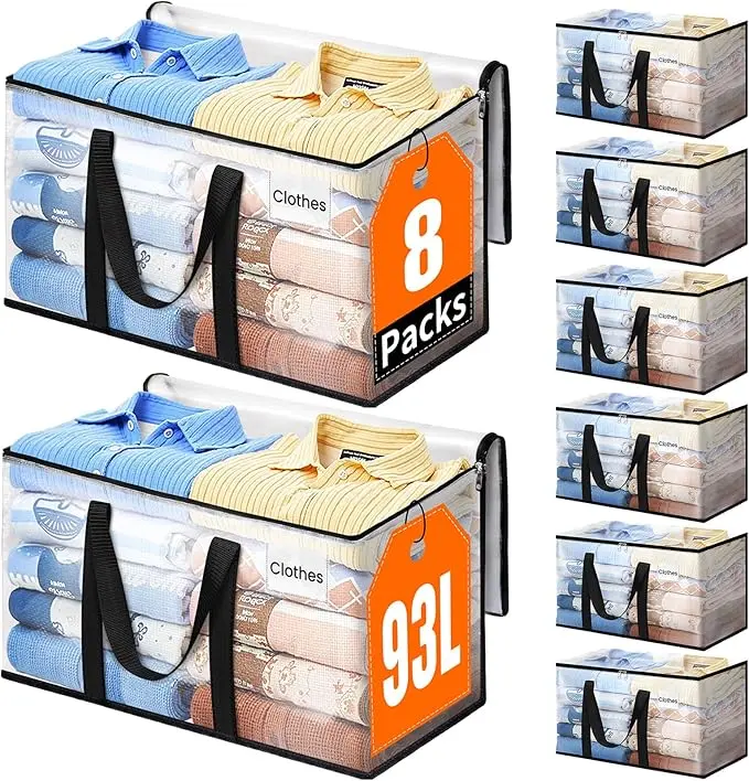 8 Pack Extra Large Heavy Duty Moving Bags 93L, Clear Storage Totes with Strong Zippers & Reinforced Handles for Clothes, Bedding, Travel, Dorm & Home Organization