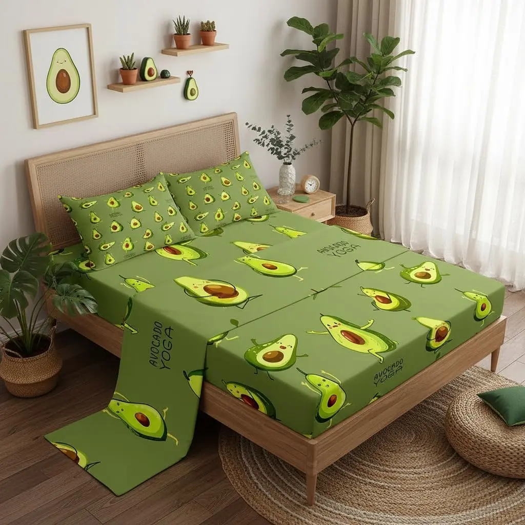 Cute Avocado Sheet Sets Yoga Dance Gymnastics Bedding Sheets Women Room Decor,Dark Green Bed Sheet Fitness Sports Fitted Sheet+Flat Sheet