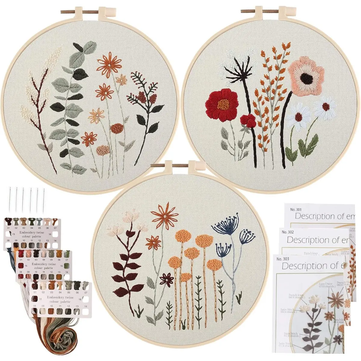 3-Pack Beginner Embroidery Starter Kit, DIY Craft Supplies with Stamped Cute Flower & Plant Cross-Stitch Patterns, Handmade Embroidery Hoop, Color Threads for Cross-Stitch Pattern Hanging Decor