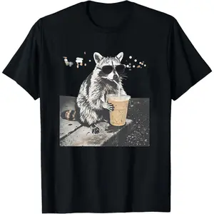 Raccoon Drinking Iced Coffee Shirt | Funny Animal Meme Tee | Coffee Lover Raccoon Shirt | Tshirt, Unisex Graphic T Shirt