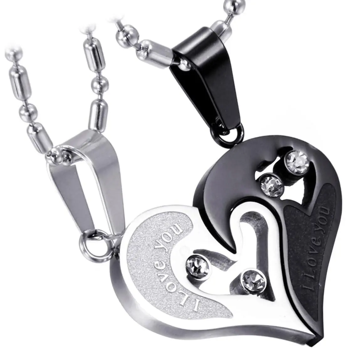 2- Stainless Steel Couple Necklace Rhinestone I Love You Heart Puzzle Matching Pendant with Chain