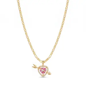Nandudu 14K Gold Plated Necklace for Women,Cupid Arrow Pink Heart Pendant 23.62inches Ornate Link Everyday Trendy Jewelry ift for Your Girlfriend or Wife