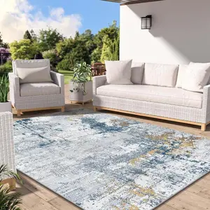 Velvet Area Rug, Contemporary Abstract Watercolor Faded Pattern Low-Pile Stain Resistant Rug, Blue & Ivory Soft Floor Mat for Living Room Bedroom Farmhouse