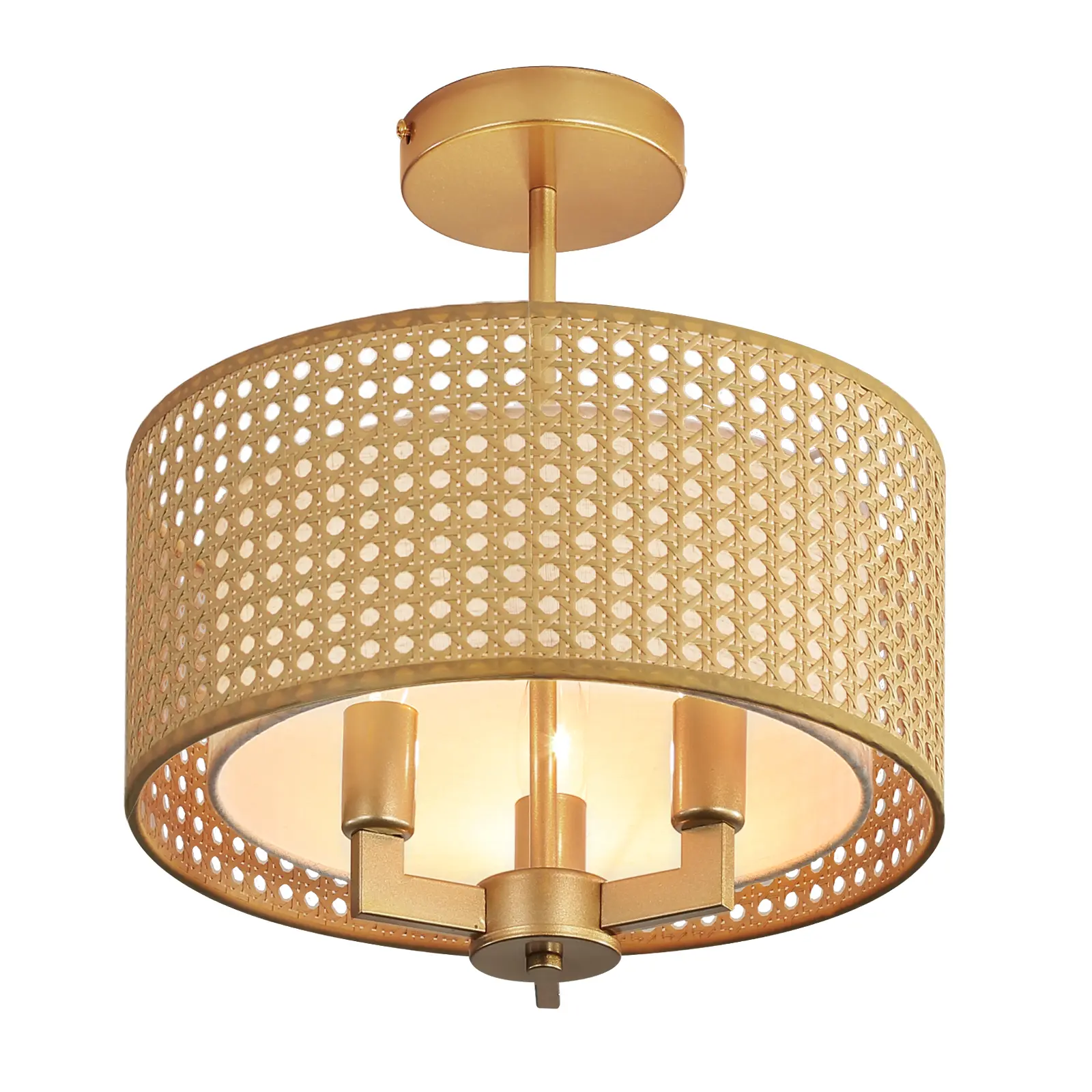 Boho Chandelier for Bedroom, Farmhouse Fabric Drum Pendant Lighting, 3 Light Semi Flush Mount Rattan Ceiling Lighting Fixture for Closet, Hallway, Kitchen, Foyer, D12xW12xH14, E12 Socket