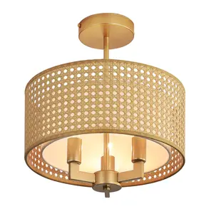 Boho Chandelier for Bedroom, Farmhouse Fabric Drum Pendant Lighting, 3 Light Semi Flush Mount Rattan Ceiling Lighting Fixture for Closet, Hallway, Kitchen, Foyer, D12xW12xH14, E12 Socket