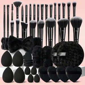 46Pcs Professional Makeup Brush Set Foundation Powder Concealer Eyeshadow Brushes,with Mini and Standard Makeup Sponges,Heart Shape Powder Puffs,Mini Heart Powder Puff,Cleaning Sponge,Headband & Wristbands,for All Makeup Needs