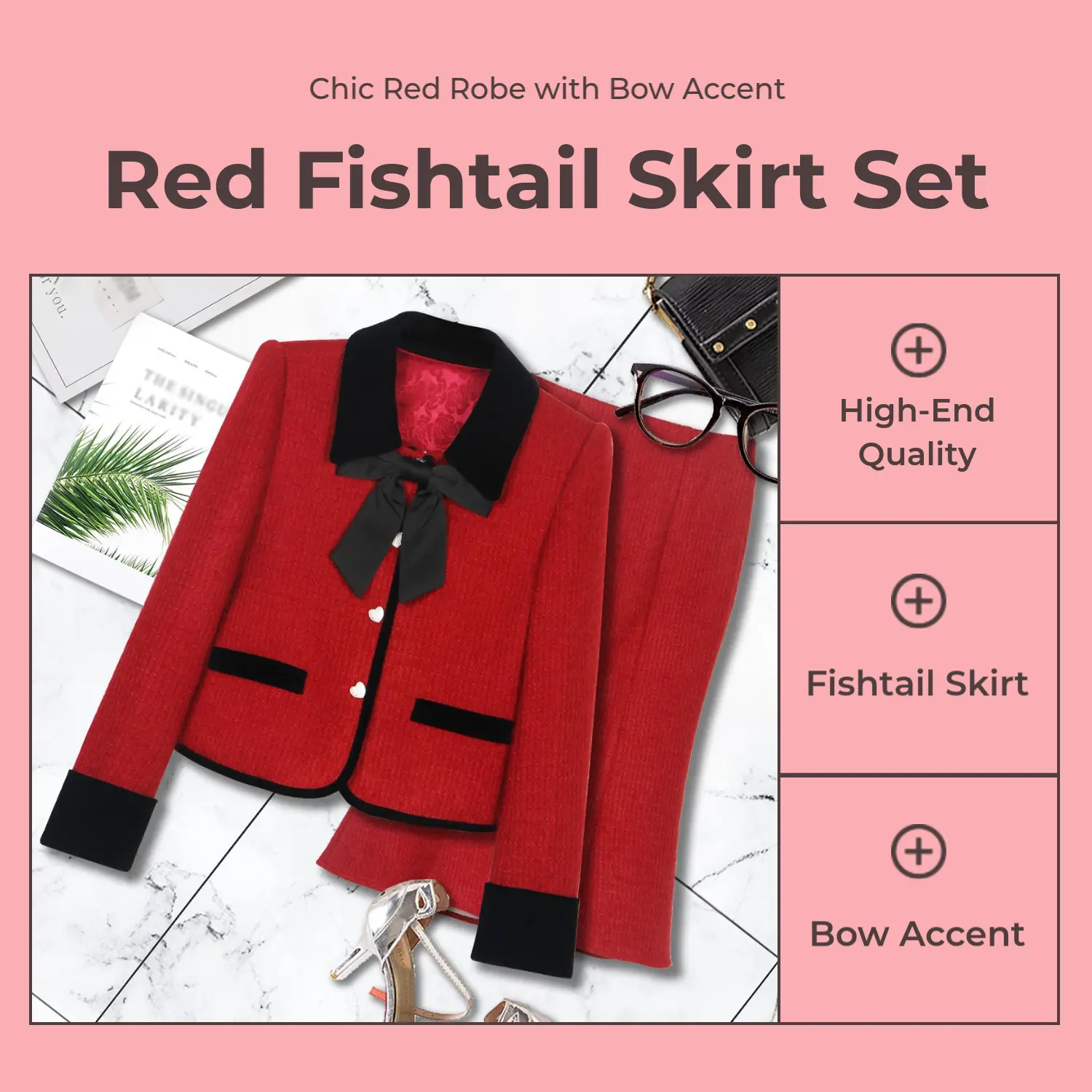Women's 2-Piece Skirt Set, Elegant Solid Red Acrylic Suit with Collared Long Sleeve Jacket, Bow Detail and Midi Fishtail Skirt, Lady, Medium Length, Fishtail Cut, Long Sleeves, Button Front, Wool Blend, Clothes, Longsleeves, Collared Neck, Chic, Fashion,,