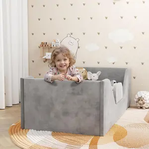 Toddler floor bed frame with guard rails, small bed for boys and girls aged 2–6 years, fits standard crib mattress, certified fabric toddler bed (Gray)