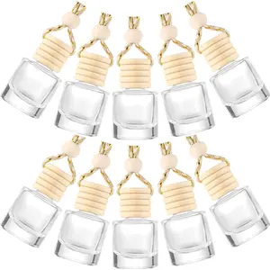 10 Packs Car Hanging Diffuser Empty Glass Perfume Bottles Air Freshener Diffuser Bottle Pendant Oil Fragrance Aromatherapy Bottle Ornament Decor (square)