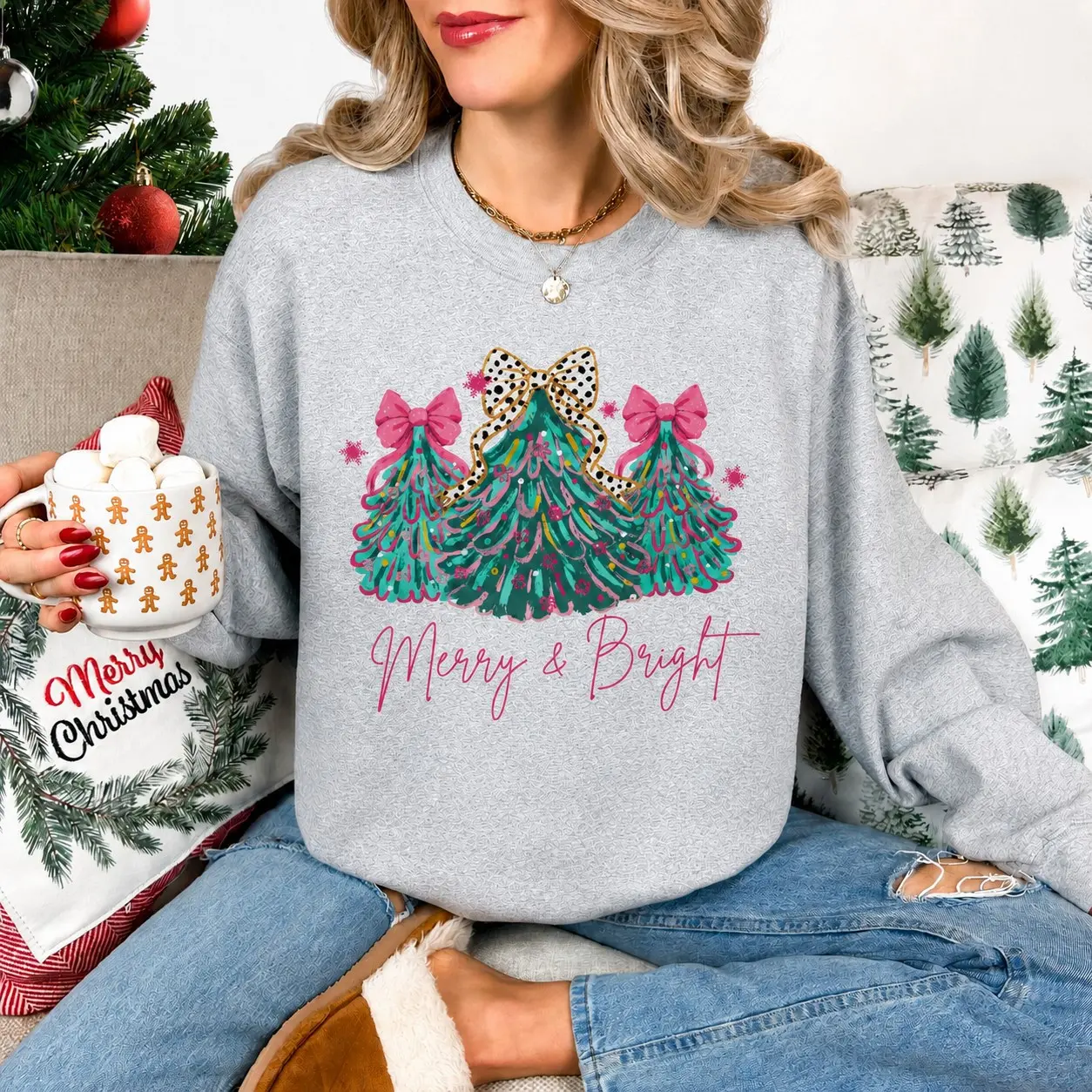 Merry & Bright Christmas Sweatshirt, Cute Pink Xmas Tree Sweater with Festive Bow and Lights, Cozy Holiday Pullover, Perfect Merry Christmas Mom Gift