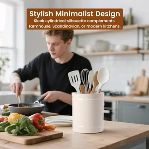 Kitchen Utensil Holder, Larger Ceramic Utensil Crock for Kitchen Counter top & Dining Table (Cream, 5.9" x 5.9" x 6.7") Knife Knives storage bucket pop mart crybaby powerpuff girls