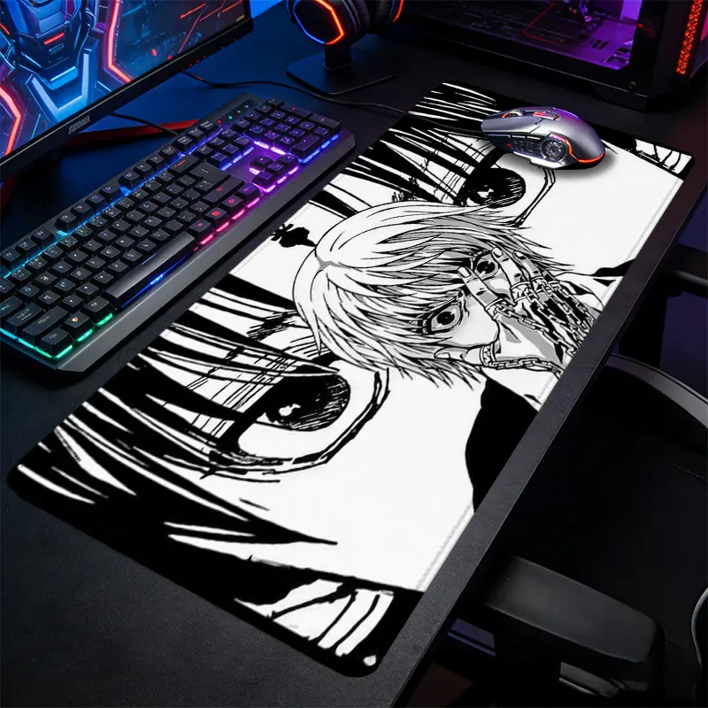 1pc Monochrome Chain Anime Boy Large Gaming Mouse Pad, Computer Mouse Pad, Aesthetic Desk Accessories, Manga Art Extended Desk Mat, Office Desk Accessories Non-Slip Stitched Edge for Home Office & Gamer, Durable and Spill-Resistant, Ideal Gift