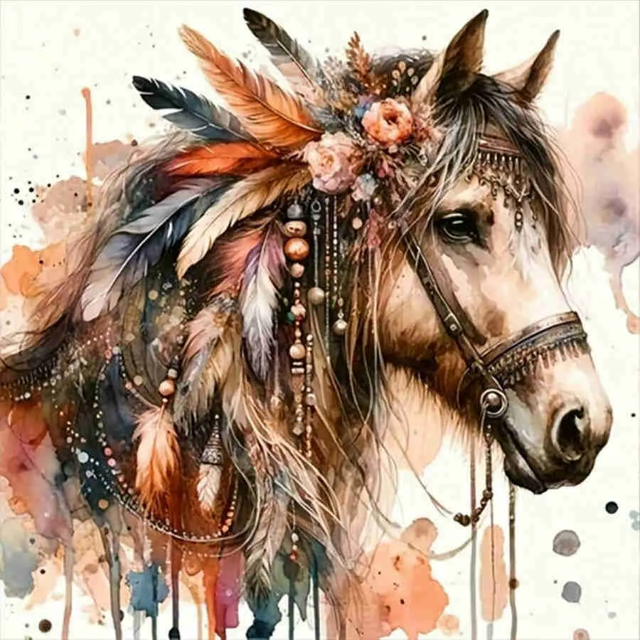 Bohemian Watercolor Horse Diamond Painting Kit, Tribal Feather & Flower Horse Art, High-Quality Full Drill Round & Square Rhinestone Mosaic, 5D DIY Craft Handmade Cross Stitch Home Wall Decor, DIY Kits, 12x16 inch / 30x40cm