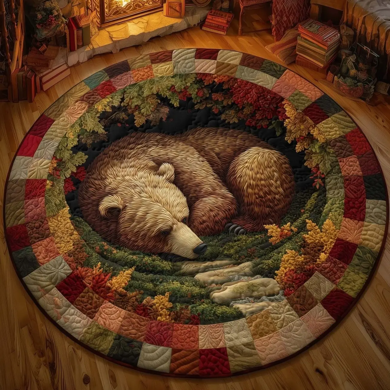 Sleeping Bear Round Mat Rug - Non-Slip Washable Round Area Rug for Bedroom & Living Room (Design 2)